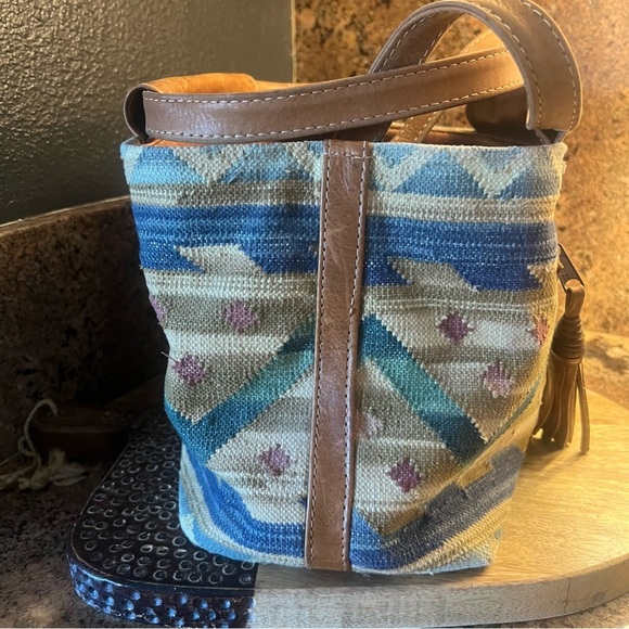 Kilim Woven Wool Carpet Bag Leather Accents India Boho Western Southwestern - Picture 3 of 6